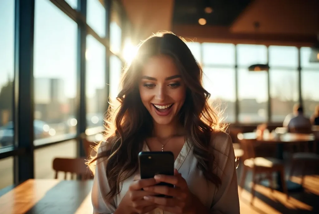Excited woman reading the first reply in an online conversation
