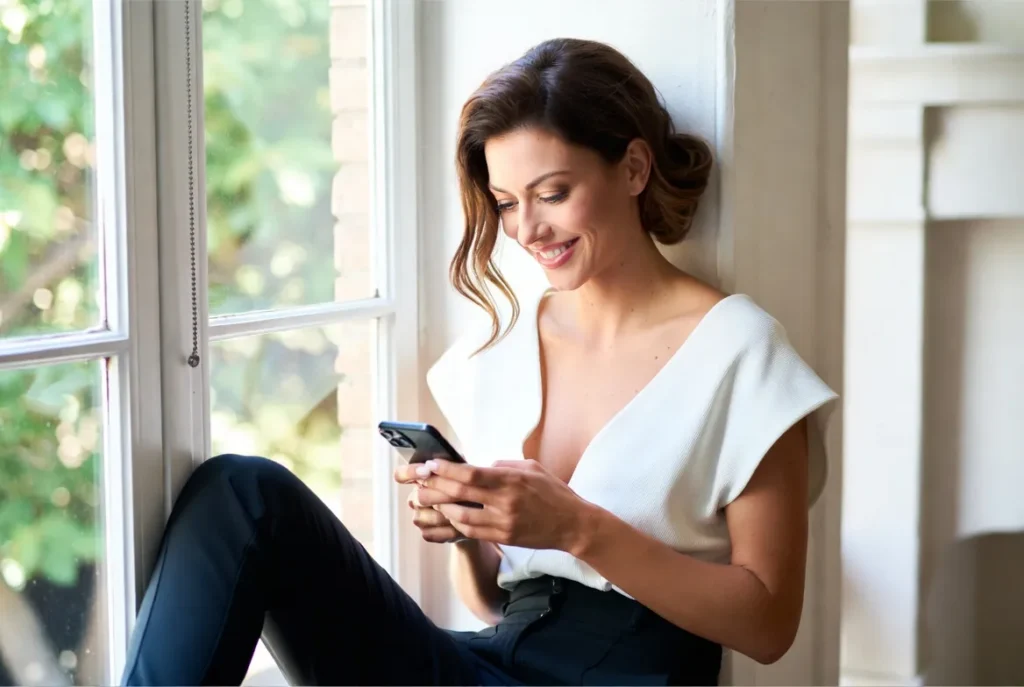 Smiling woman starting a new online conversation by the window