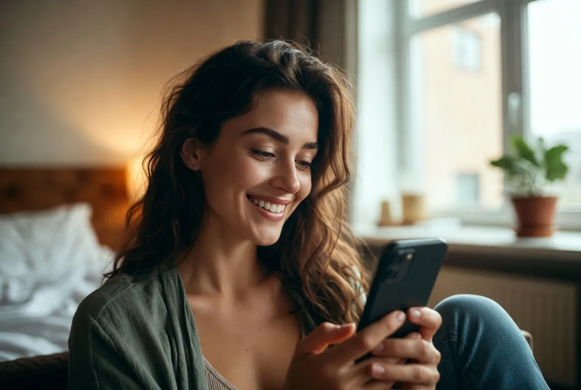 Woman enjoying a friendly online conversation from home