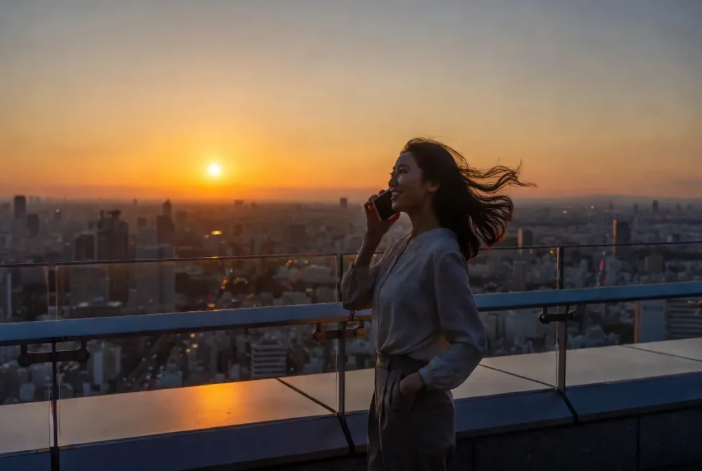 Woman enjoying a voice call through japanese chat at sunset