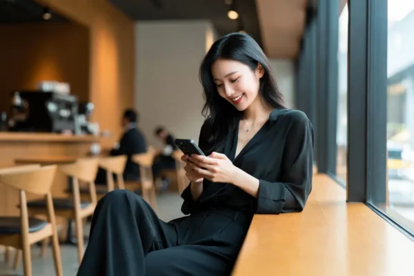 Woman enjoying japanese chat while relaxing in a modern coffee shop