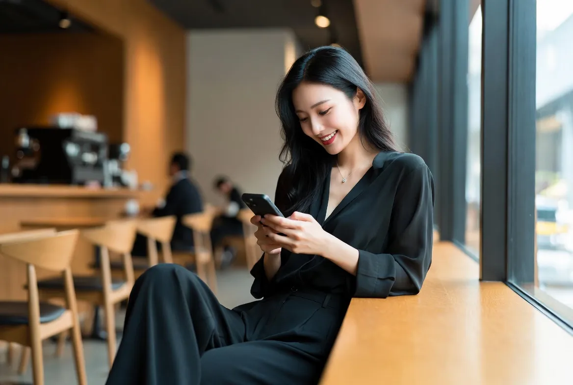 Woman enjoying japanese chat while relaxing in a modern coffee shop