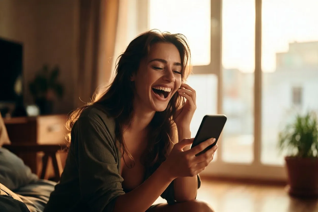 Woman laughing after receiving the message in an online chat