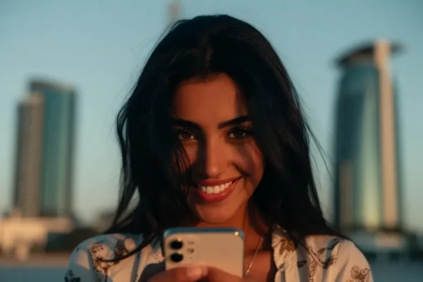 Woman smiling while using an arab chat on her phone
