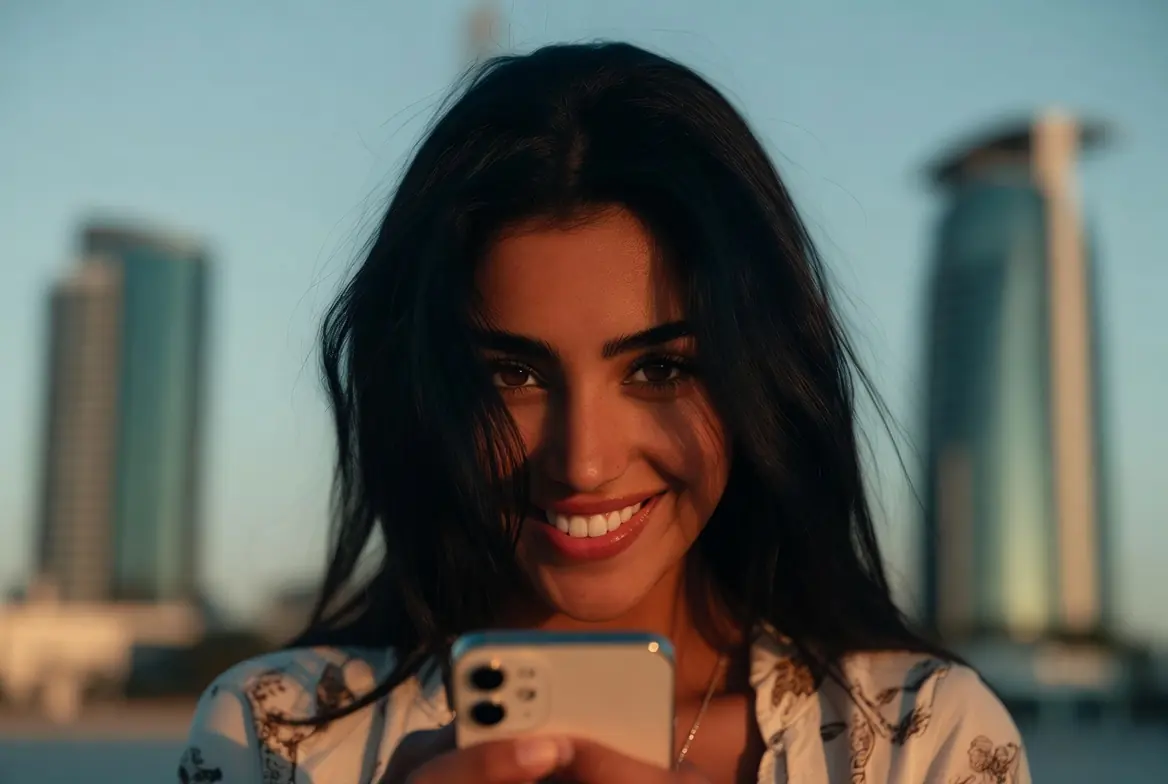 Woman smiling while using an arab chat on her phone