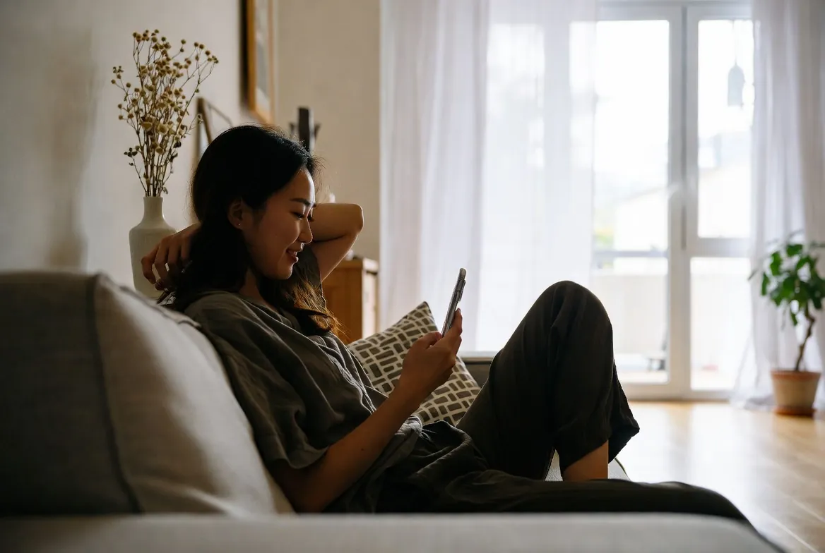 Woman thinking of a conversation starter while texting at home