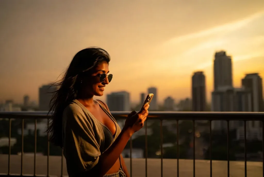 Woman using tamil chat on a city balcony at sunset