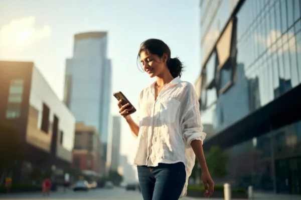 Woman walking through the city while using tamil chat