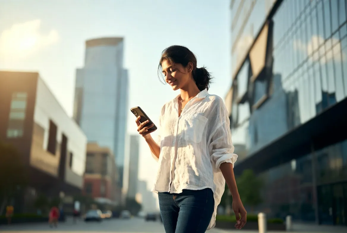 Woman walking through the city while using tamil chat
