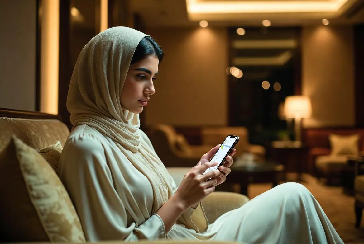 Woman wearing a hijab using an arab chat from a lounge