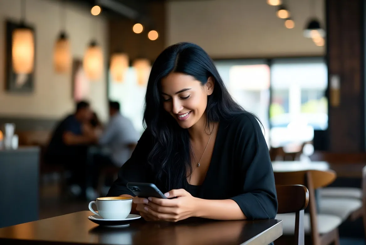 Young woman breaking the ice in an online chat at a coffee shop