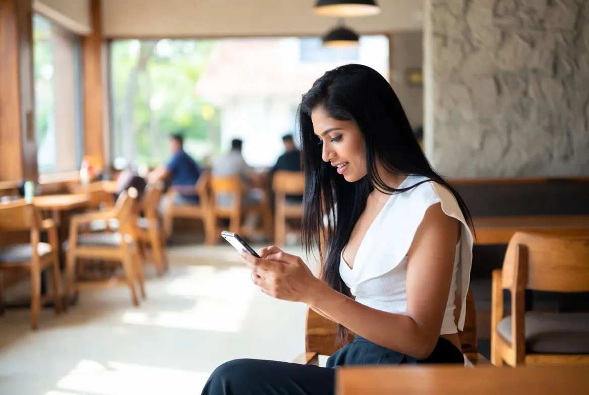 Young woman chatting in a cozy cafe with a tamil chat app