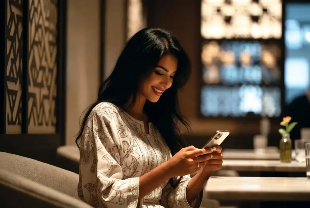 Young woman chatting on her phone during a private arab chat